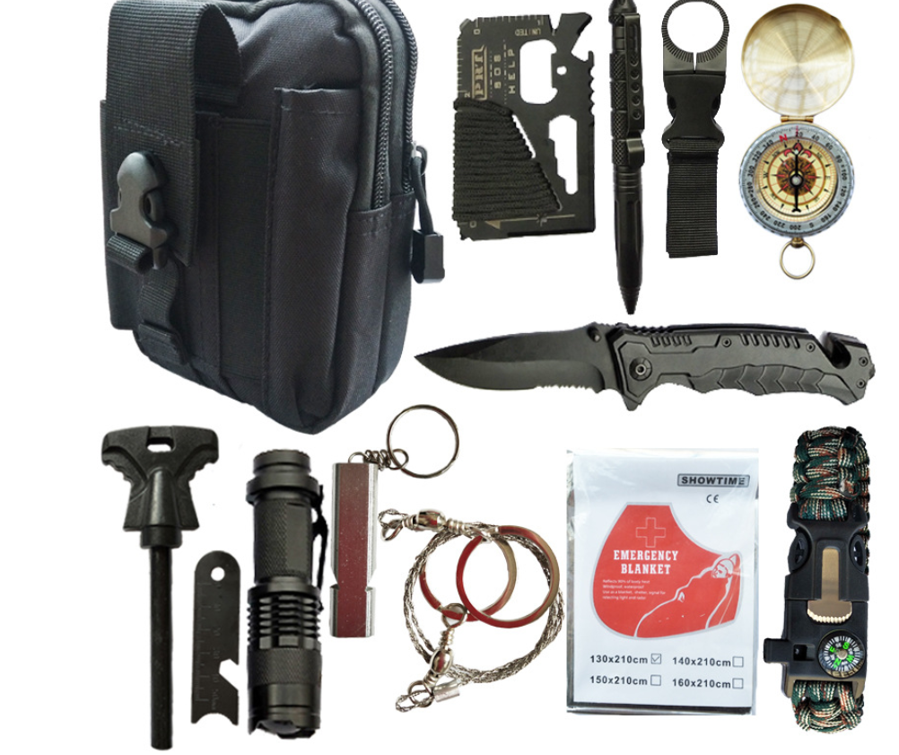 Kit de supervivencia y primeros auxilios color negro compacto para emergencias