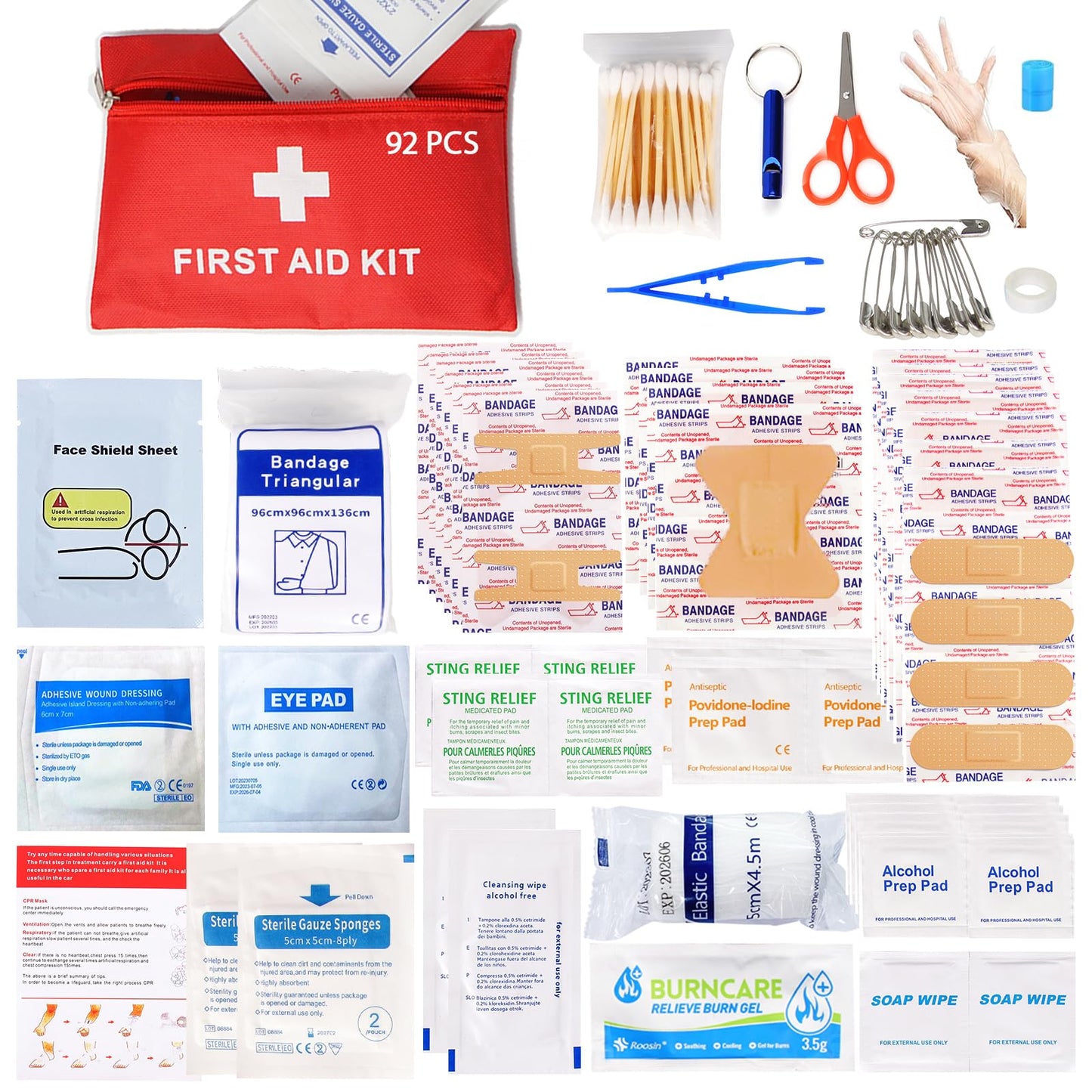 Kit de primeros auxilios compacto de 92 piezas para coche, camping y emergencias