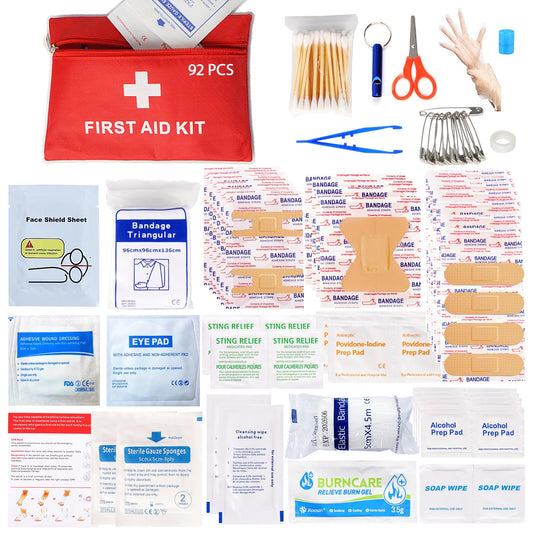 Kit de primeros auxilios compacto de 92 piezas para coche, camping y emergencias