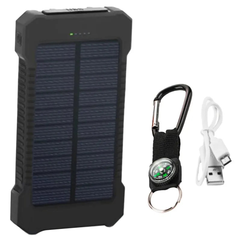 Powerbank solar 10000mAh impermeable color negro con linterna LED para camping y outdoor
