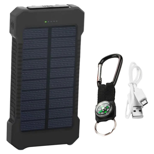 Powerbank solar 10000mAh impermeable color negro con linterna LED para camping y outdoor
