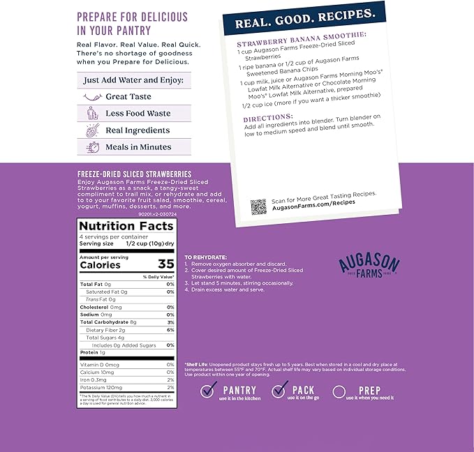 Información nutricional fresas liofilizadas Augason Farms para alimentación táctica
