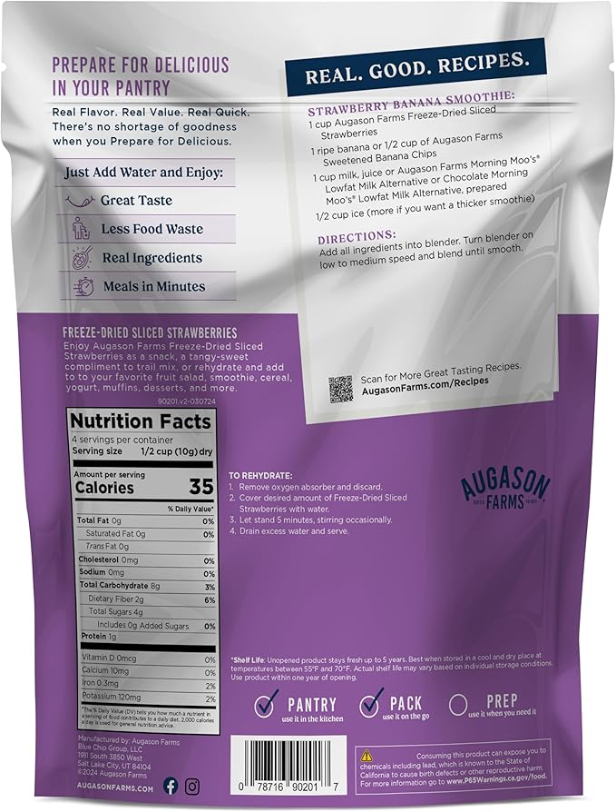 Información nutricional fresas liofilizadas Augason Farms para alimentación táctica

