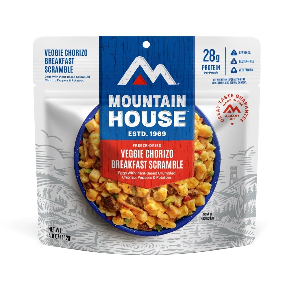 Bolsa de desayuno liofilizado Mountain House con chorizo vegetariano sin gluten para camping